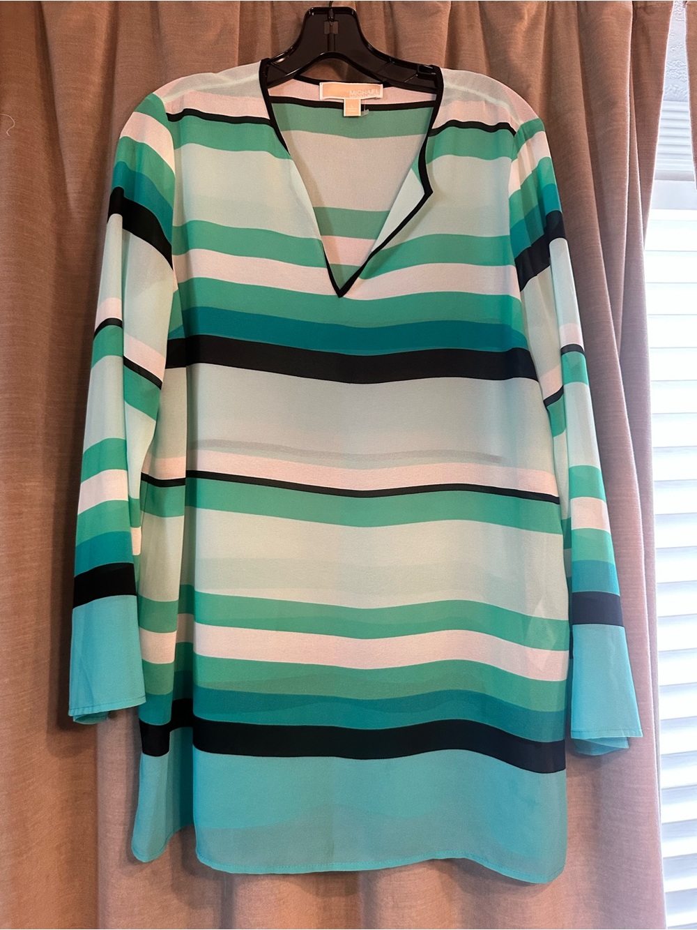 Michael Kors Teal, Aqua & Black Striped Blouse